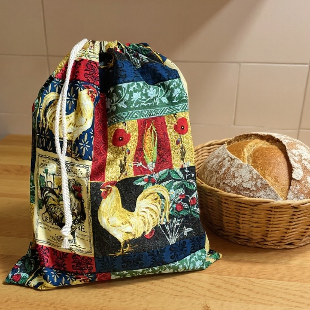 Farmhouse Rooster Cotton Bread Bag, Reusable Sourdough Storage, Handmade Bread
